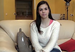 Shy brunette girl gets naked increased by masturbates at porn interview